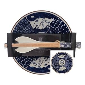 SH Home Blue Bunny Floral Ceramic Ramen Noodle Bowl Set 43oz Chopsticks & Spoon